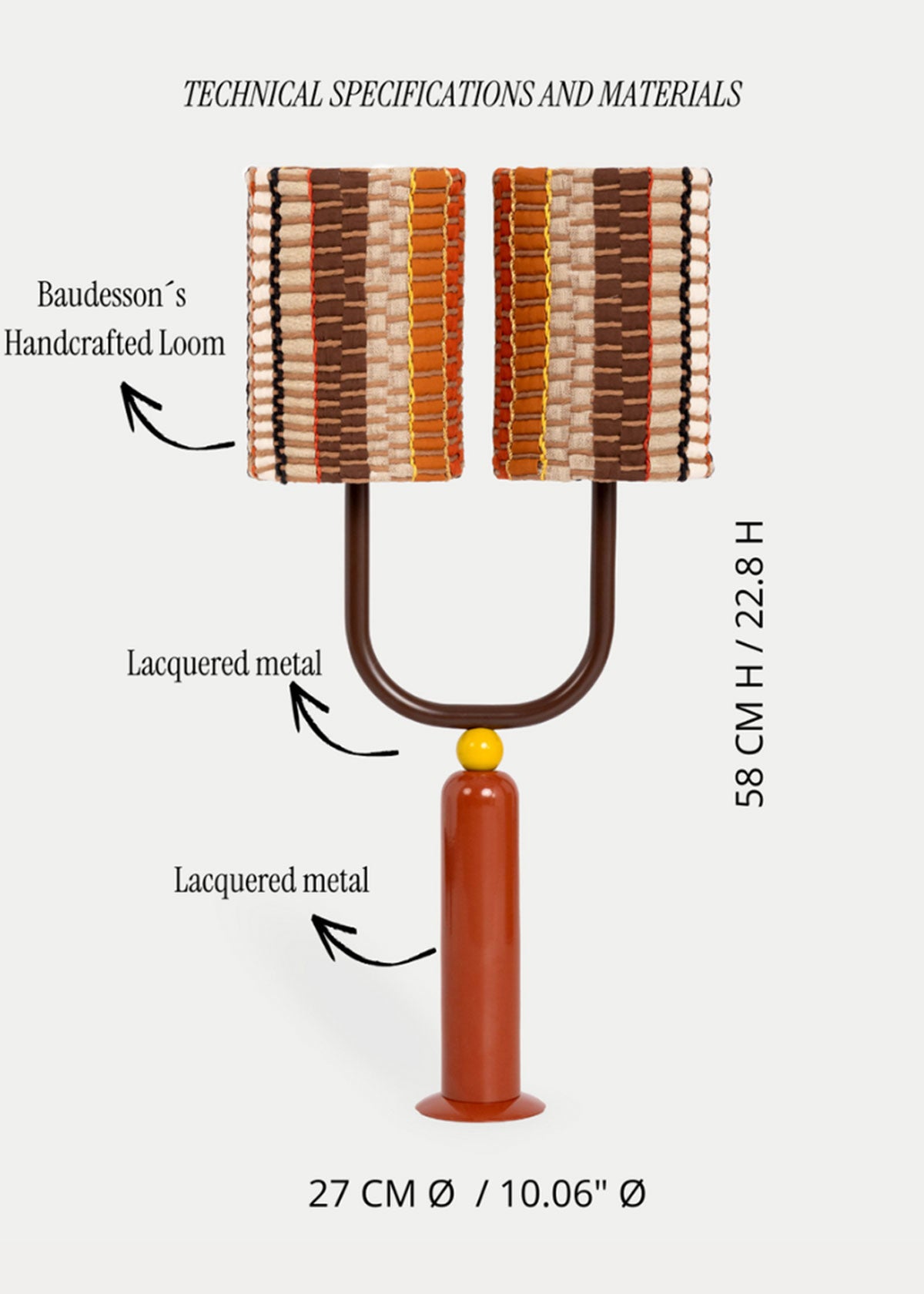 La lámpara N03 transporta a Tánger, ciudad donde empezó esta colección. Su base recuerda a los candelabros marroquíes, milimétricamente diseñados en torno en color arcilla, combinada con una mini bola mostaza y una media circunferencia en color chocolate.