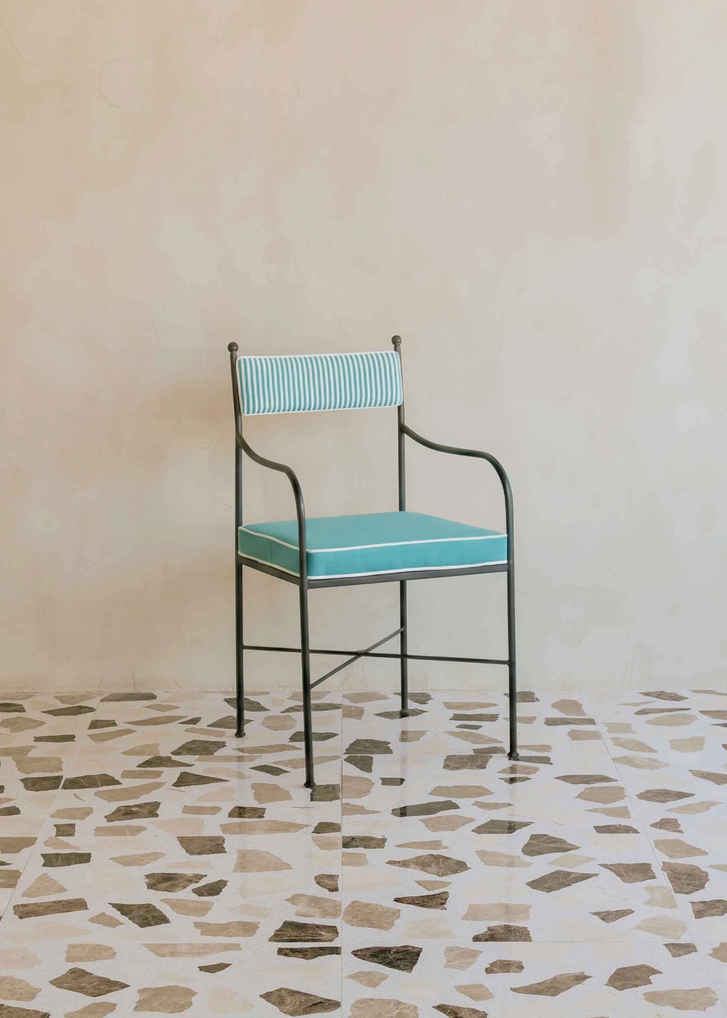 Striped upholstered outdoor steel chair