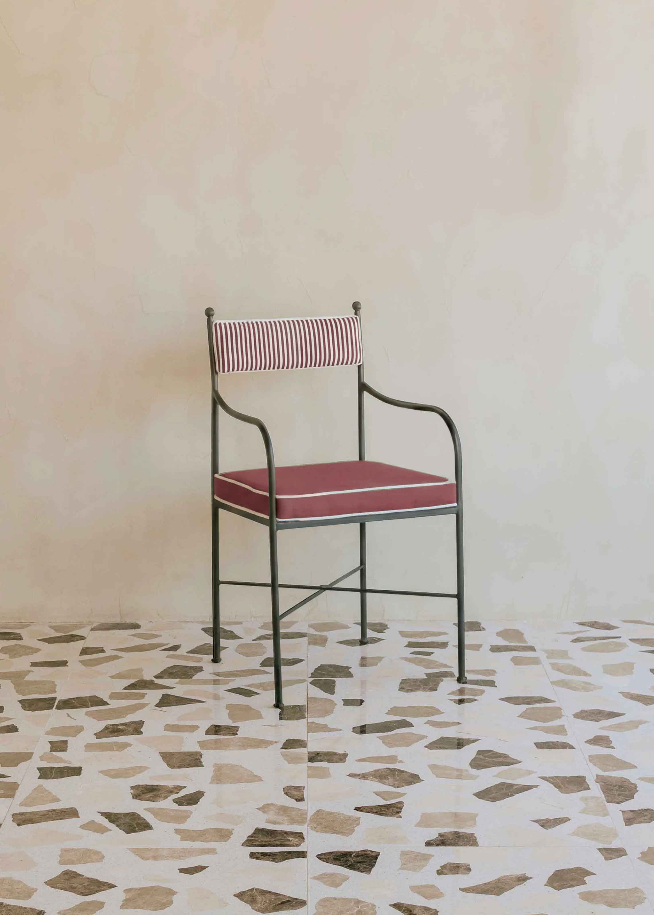 Striped upholstered outdoor steel chair