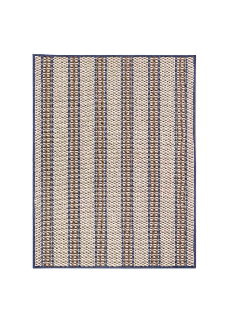 Alfombra fabricada en PET a partir de botellas de plástico recicladas de color beige con detalles en azul y elaborada en telar wilton de tejido plano.