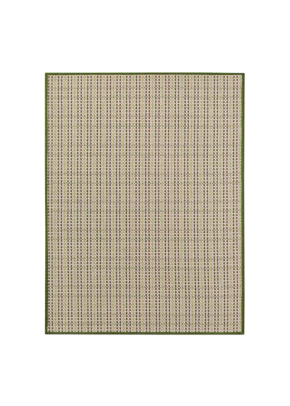 Alfombra fabricada en PET a partir de botellas de plástico recicladas de color beige con detalles en verde y elaborada en telar wilton de tejido plano.