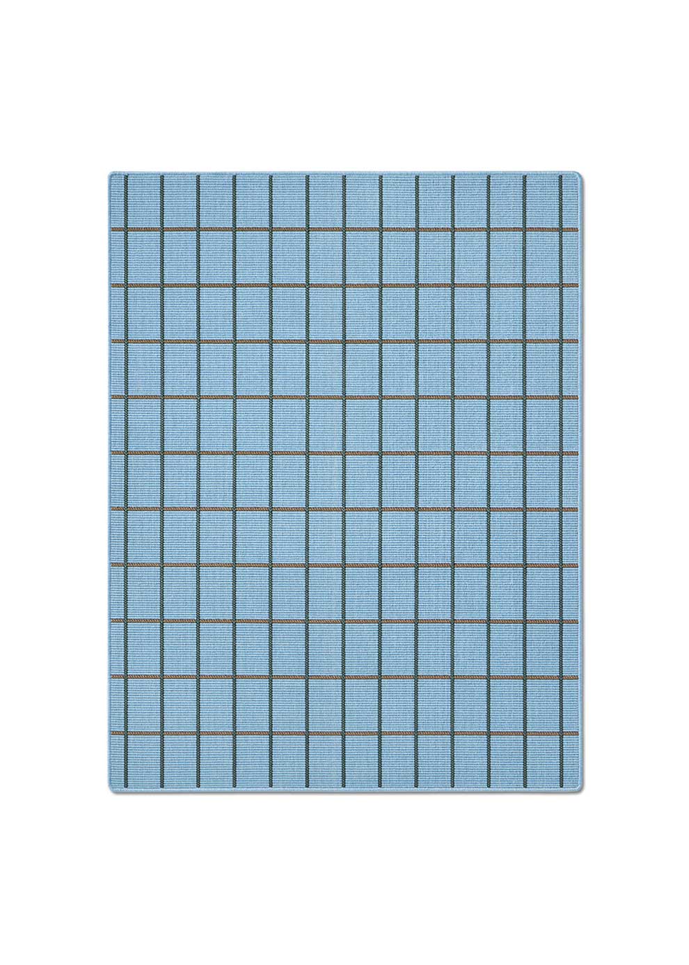 Alfombra fabricada en PET a partir de botellas de plástico recicladas de color azul en telar wilton de tejido plano.