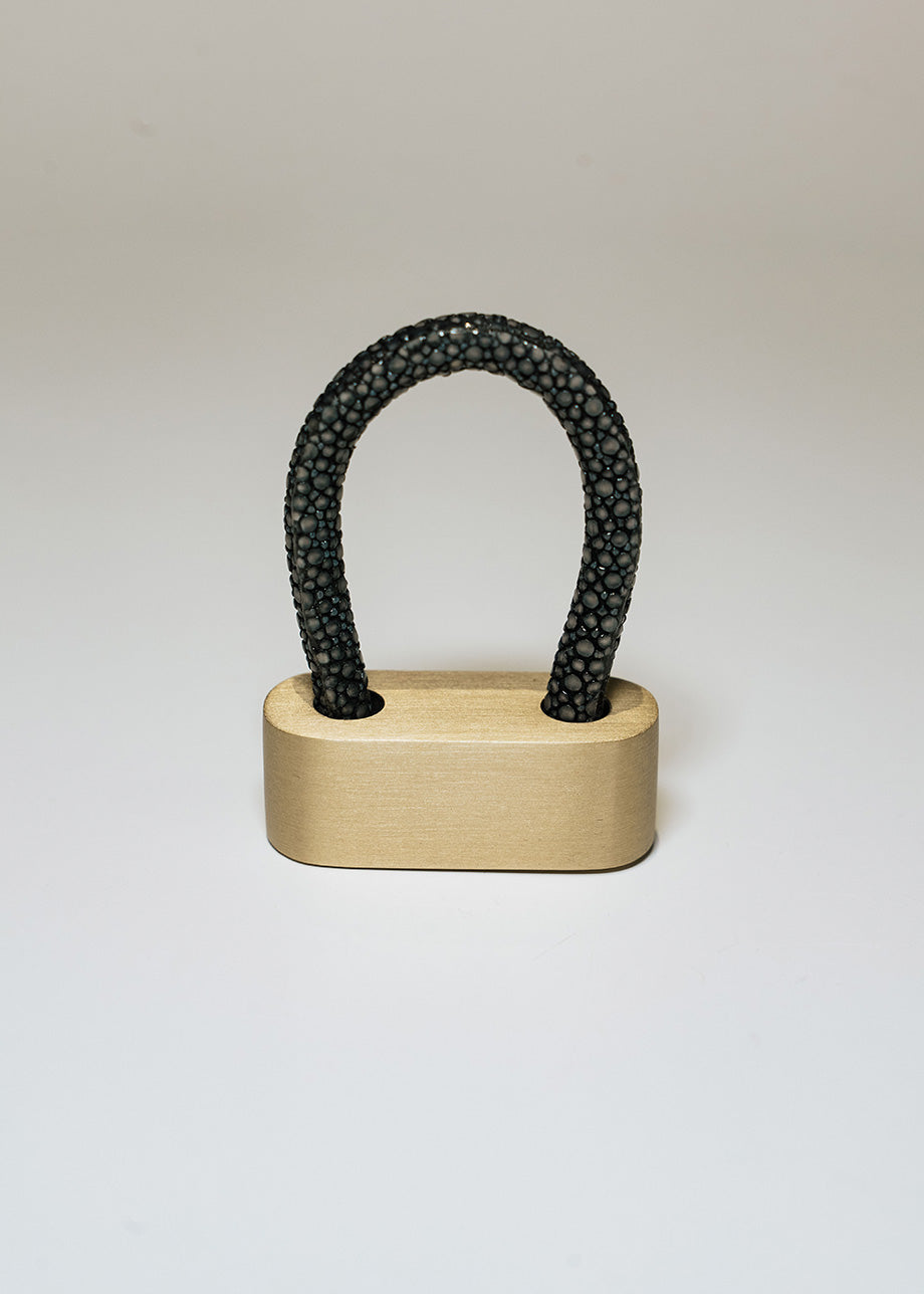 Padlock-shaped metal handle covered in stingray leather