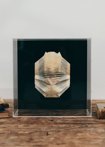 Escultura de pared forrada en metacrilato negro con caja de metacrilato transparente y libro plegado.