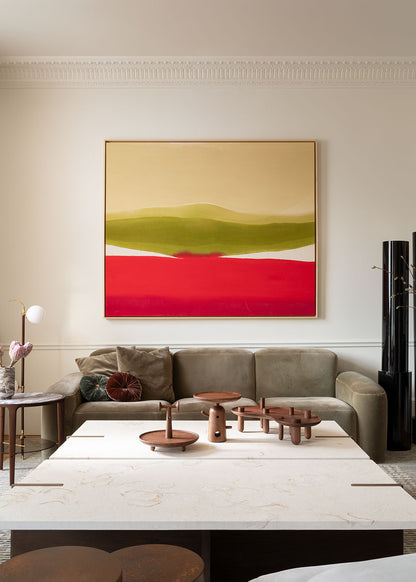 Mesa de centro fabricada en Caliza Alba y madera de roble.