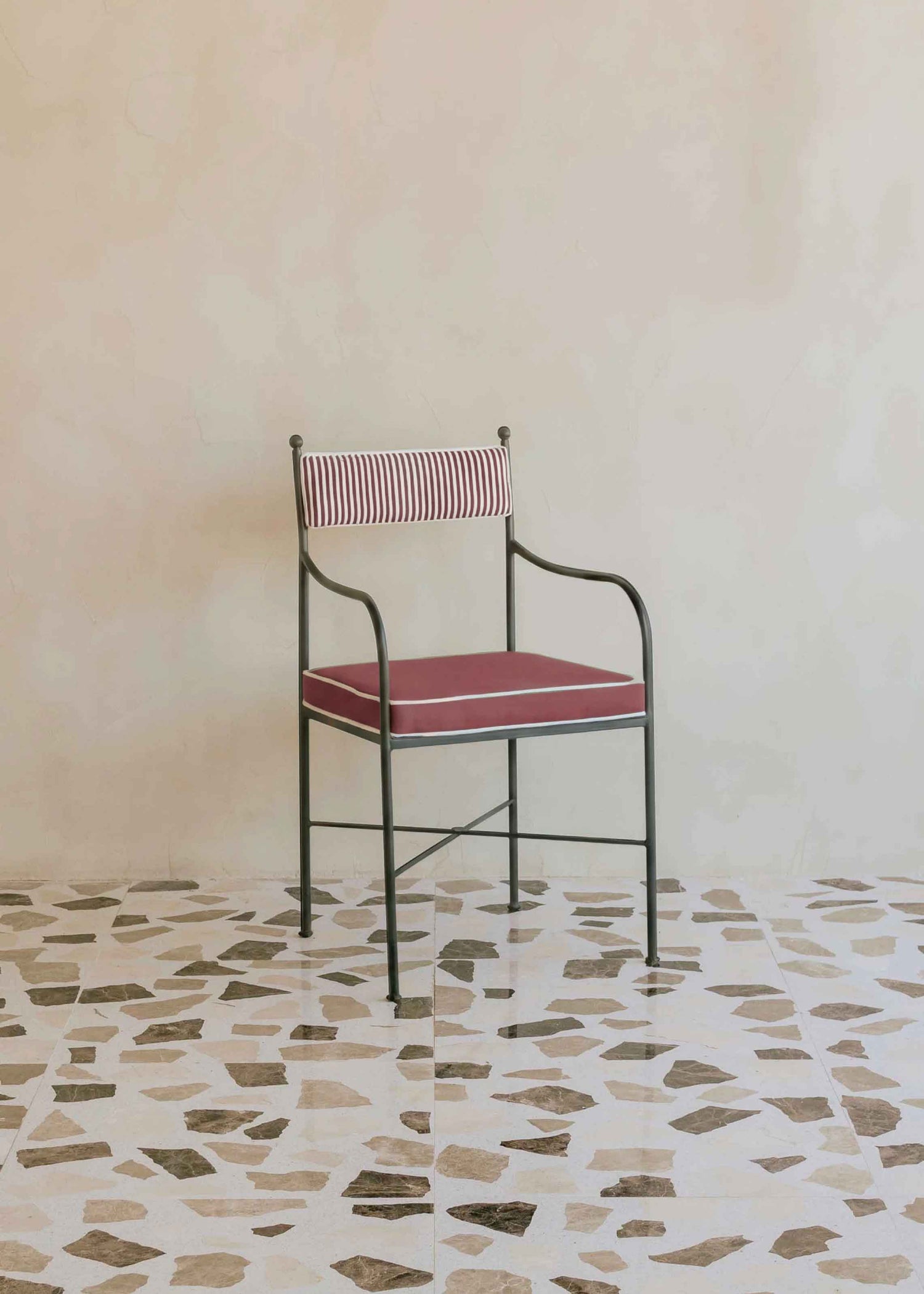 Striped upholstered outdoor steel chair