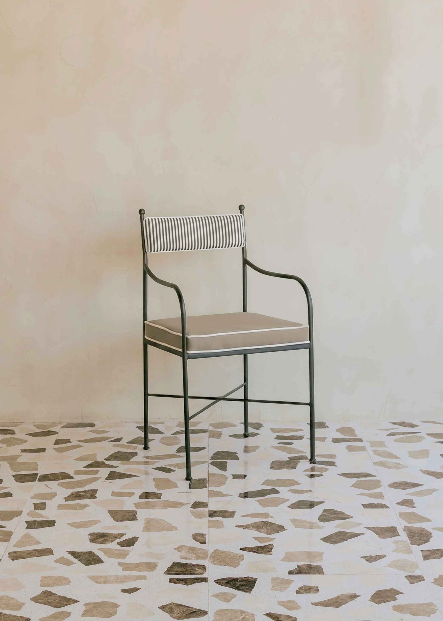 Striped upholstered outdoor steel chair