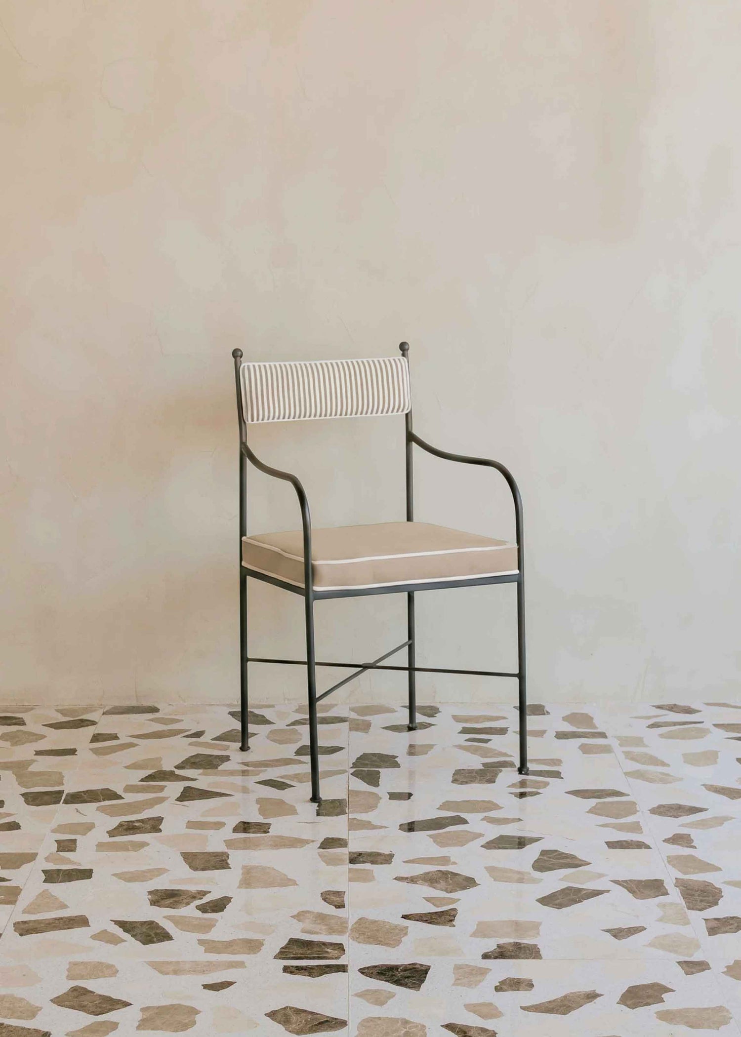 Striped upholstered outdoor steel chair