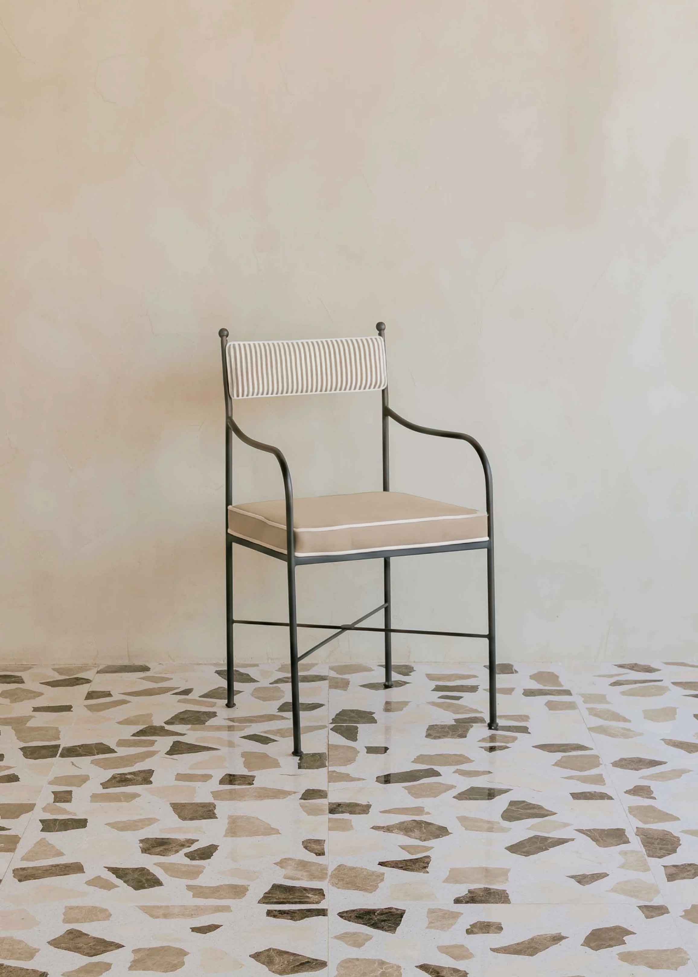 Striped upholstered outdoor steel chair