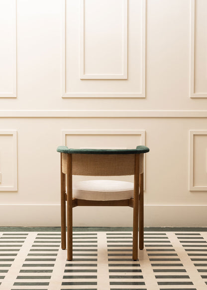 Silla de madera de haya tapizada terciopelo verde y beige