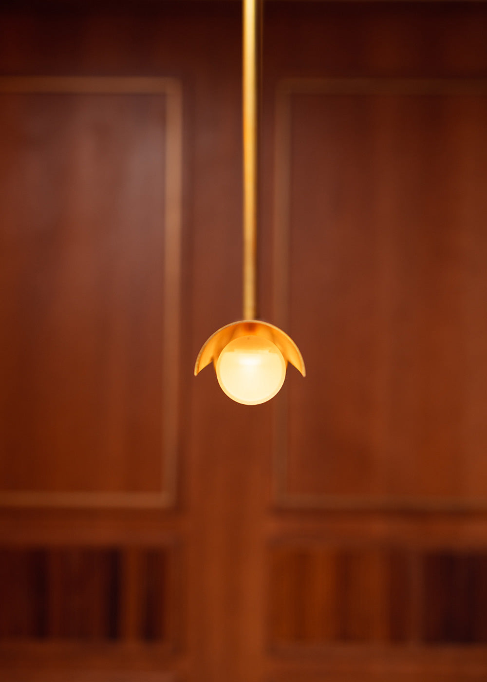 Ceiling lamp in curved raw brass with glazed methacrylate diffuser.