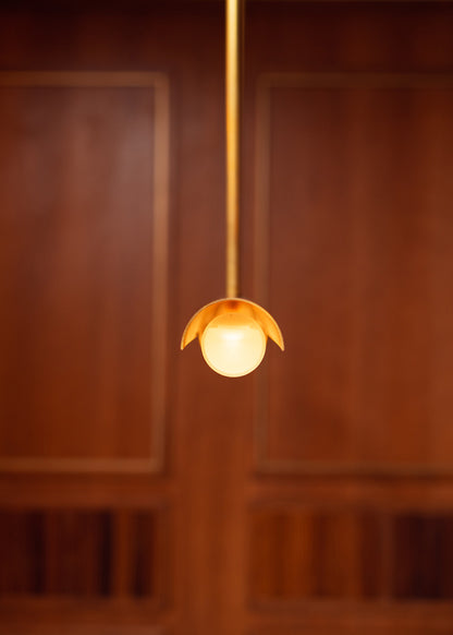 Ceiling lamp in curved raw brass with glazed methacrylate diffuser.