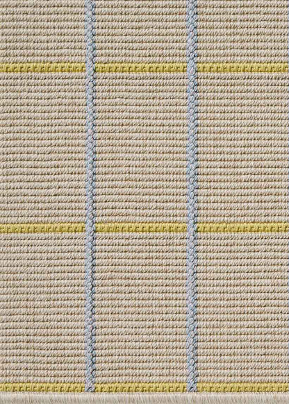 Alfombra fabricada en PET a partir de botellas de plástico recicladas de color beige en telar wilton de tejido plano.