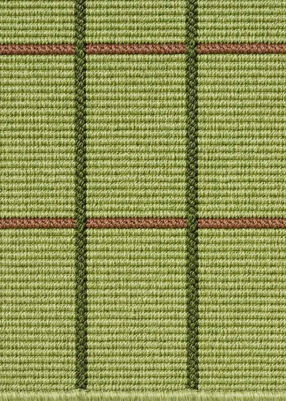 Alfombra fabricada en PET a partir de botellas de plástico recicladas de color verde pistacho en telar wilton de tejido plano.