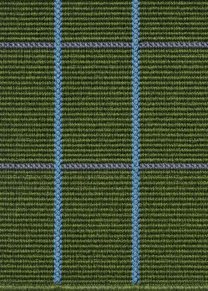 Alfombra fabricada en PET a partir de botellas de plástico recicladas de color verde oscuro en telar wilton de tejido plano.