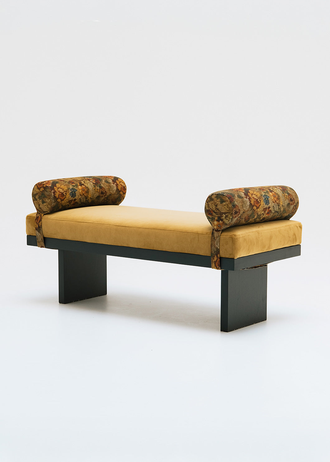 Mustard yellow bench with bolsters